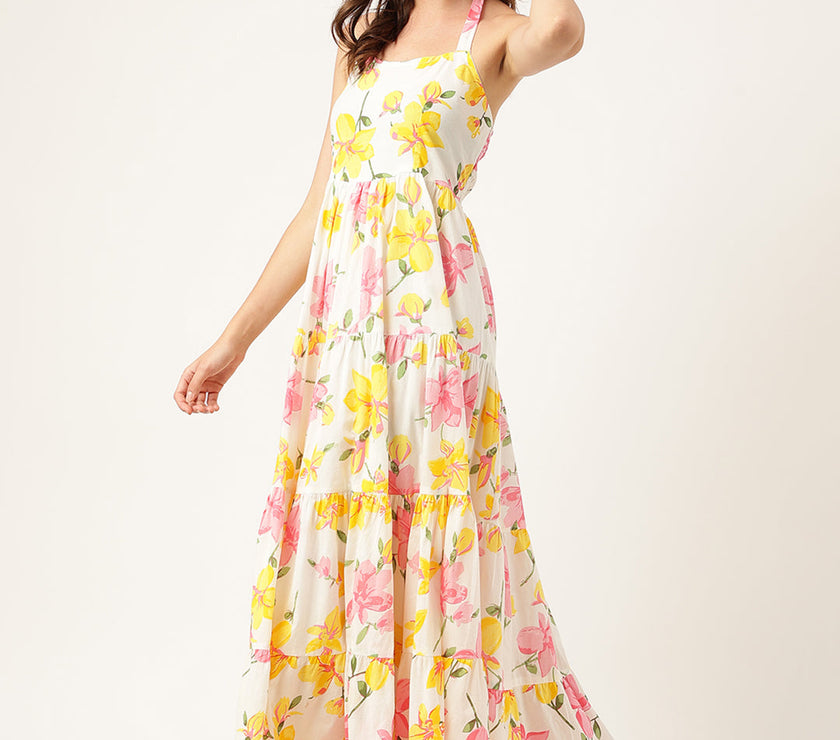 Floral Printed Halter Neck Cotton Casual Maxi Dress