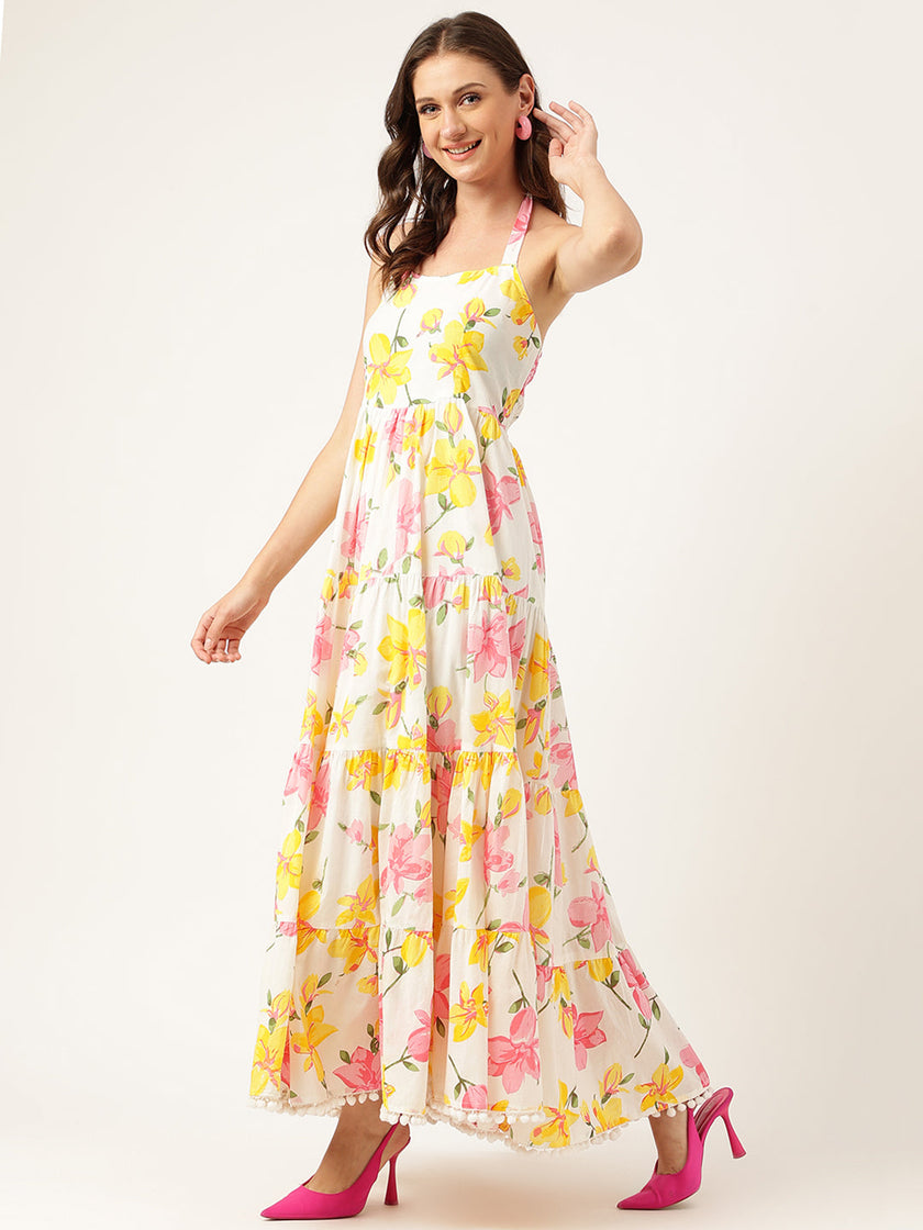 Floral Printed Halter Neck Cotton Casual Maxi Dress