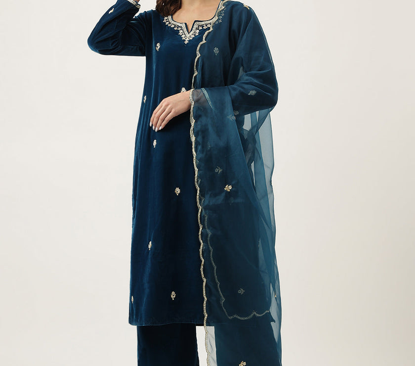 Divena Rayol Blue Hand Embroidered Velvet Straight Kurta, trousers with Dupatta Set