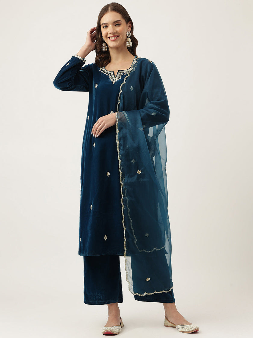 Divena Rayol Blue Hand Embroidered Velvet Straight Kurta, trousers with Dupatta Set