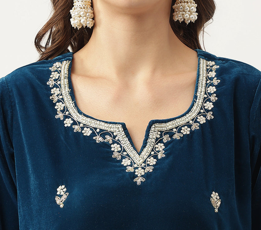 Divena Rayol Blue Hand Embroidered Velvet Straight Kurta, trousers with Dupatta Set