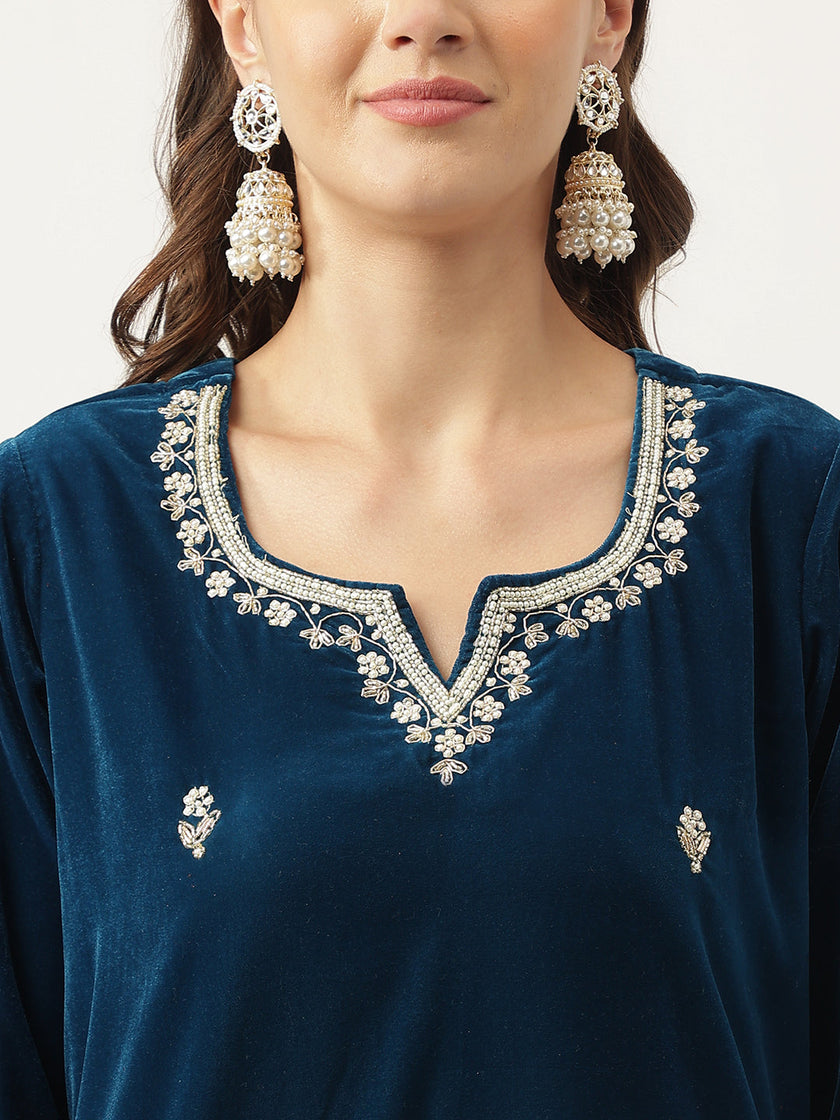 Divena Rayol Blue Hand Embroidered Velvet Straight Kurta, trousers with Dupatta Set