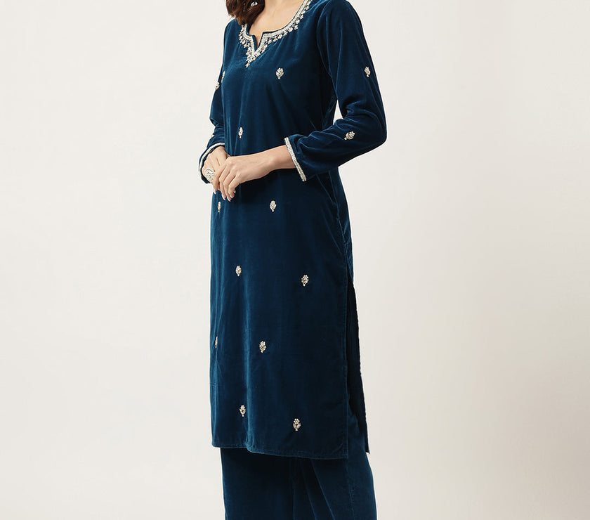 Divena Rayol Blue Hand Embroidered Velvet Straight Kurta, trousers with Dupatta Set