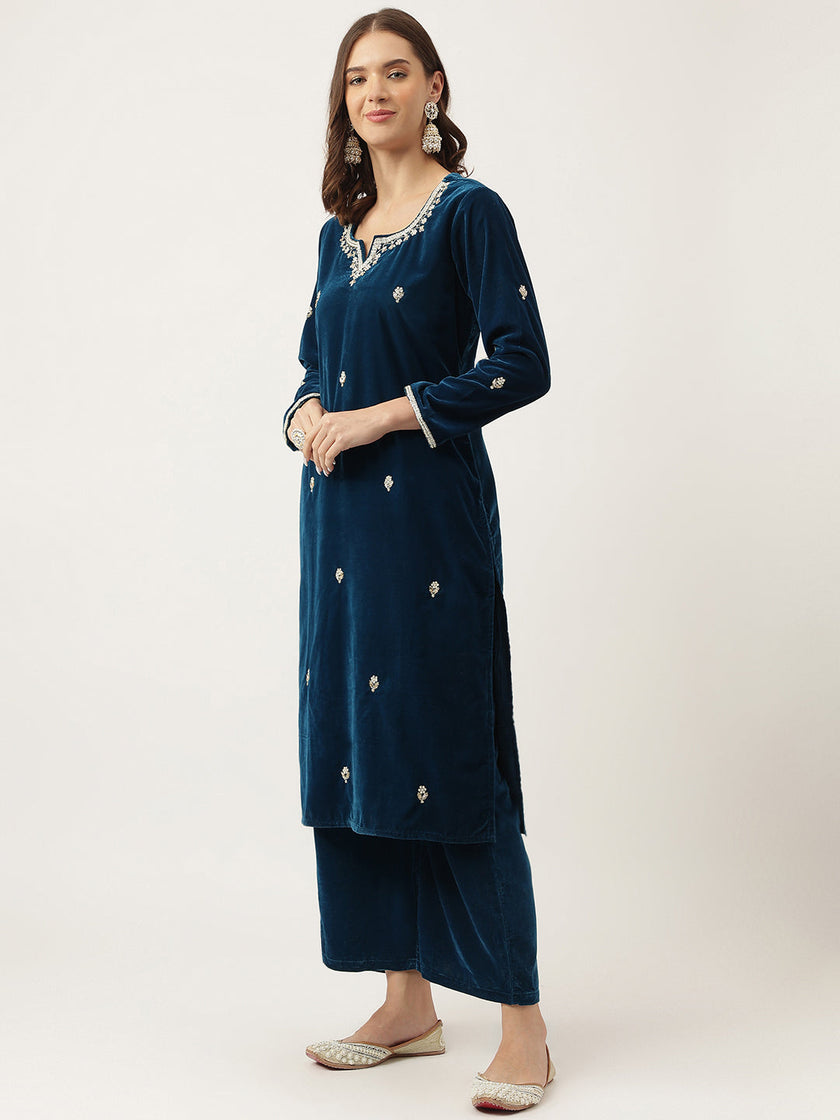 Divena Rayol Blue Hand Embroidered Velvet Straight Kurta, trousers with Dupatta Set