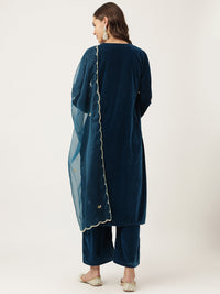 Divena Rayol Blue Hand Embroidered Velvet Straight Kurta, trousers with Dupatta Set