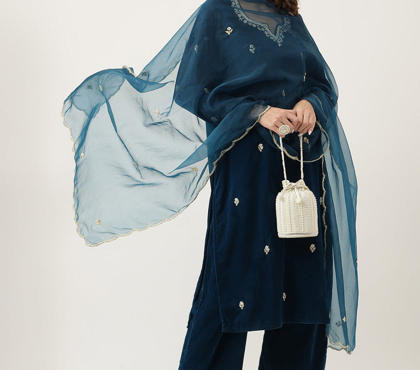 Divena Rayol Blue Hand Embroidered Velvet Straight Kurta, trousers with Dupatta Set