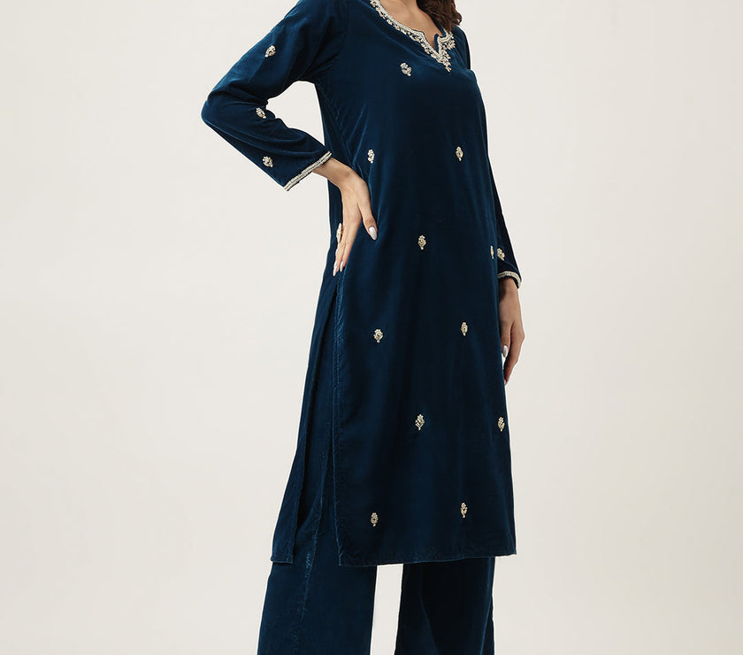 Divena Rayol Blue Hand Embroidered Velvet Straight Kurta, trousers with Dupatta Set