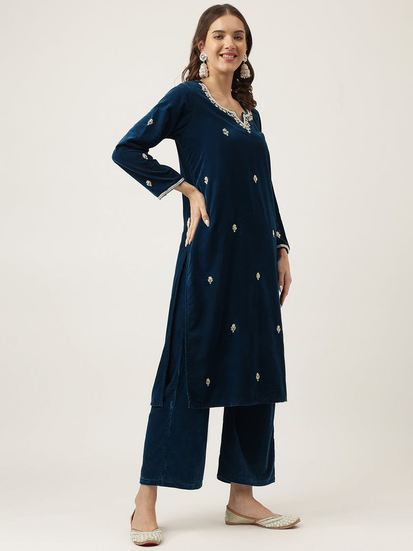 Divena Rayol Blue Hand Embroidered Velvet Straight Kurta, trousers with Dupatta Set