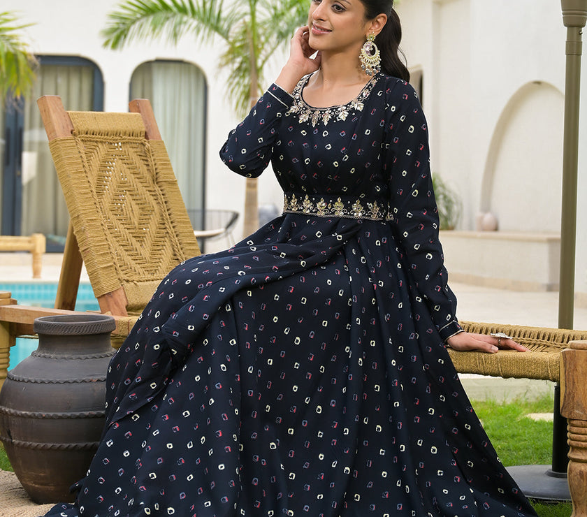 Divena Navy Blue Bandhani Print Flared Long Dress with Belt