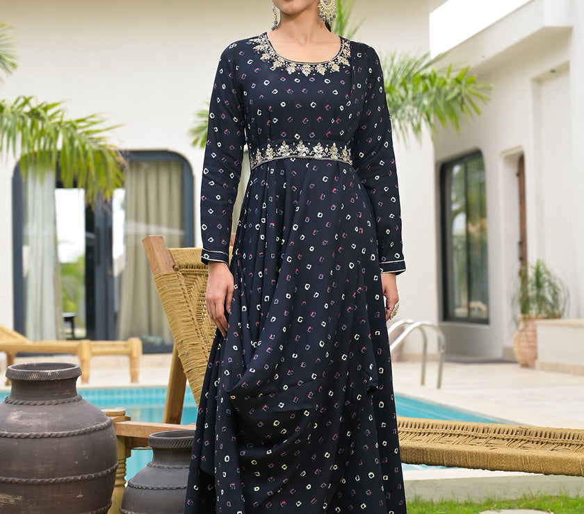 Divena Navy Blue Bandhani Print Flared Long Dress with Belt