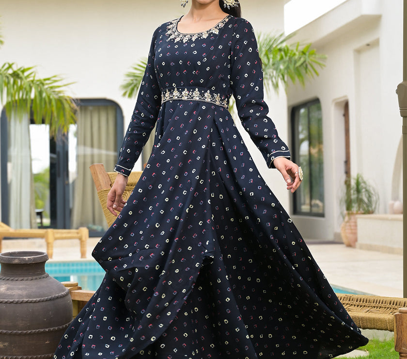 Divena Navy Blue Bandhani Print Flared Long Dress with Belt