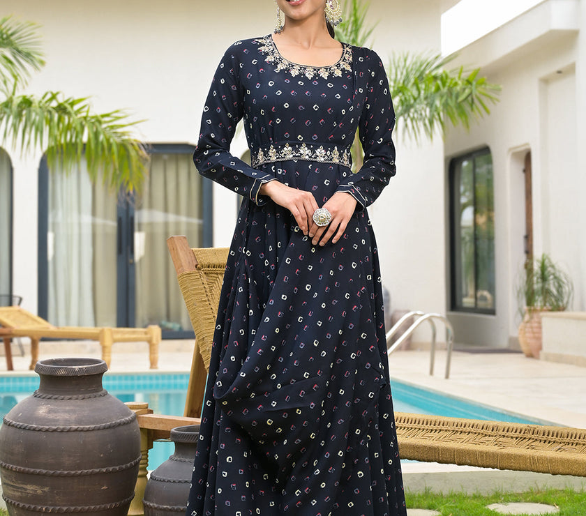 Divena Navy Blue Bandhani Print Flared Long Dress with Belt