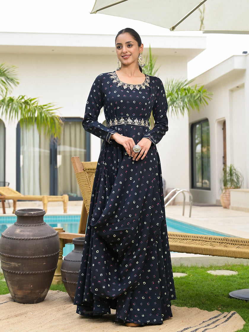 Divena Navy Blue Bandhani Print Flared Long Dress with Belt