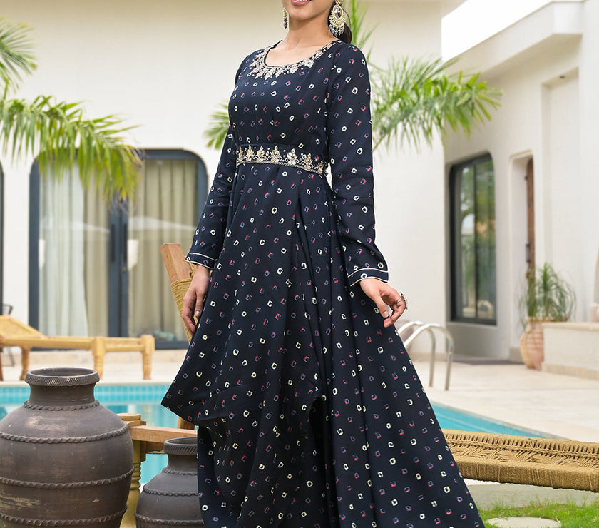 Divena Navy Blue Bandhani Print Flared Long Dress with Belt