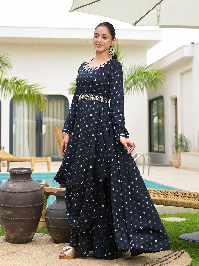 Divena Navy Blue Bandhani Print Flared Long Dress with Belt