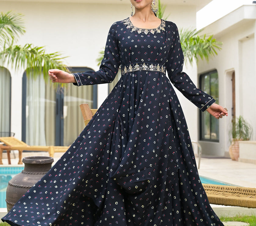 Divena Navy Blue Bandhani Print Flared Long Dress with Belt