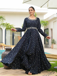 Divena Navy Blue Bandhani Print Flared Long Dress with Belt