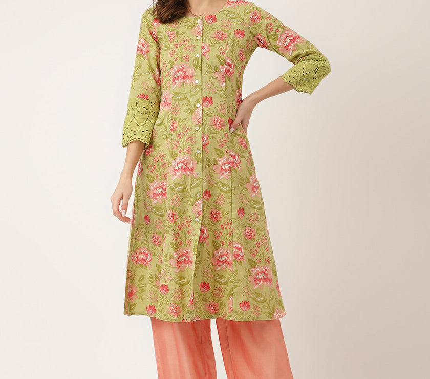 Divena Green Floral Print Cotton A-Line Kurta