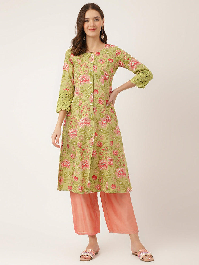 Divena Green Floral Print Cotton A-Line Kurta