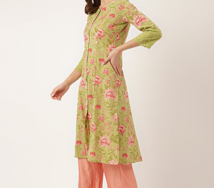 Divena Green Floral Print Cotton A-Line Kurta