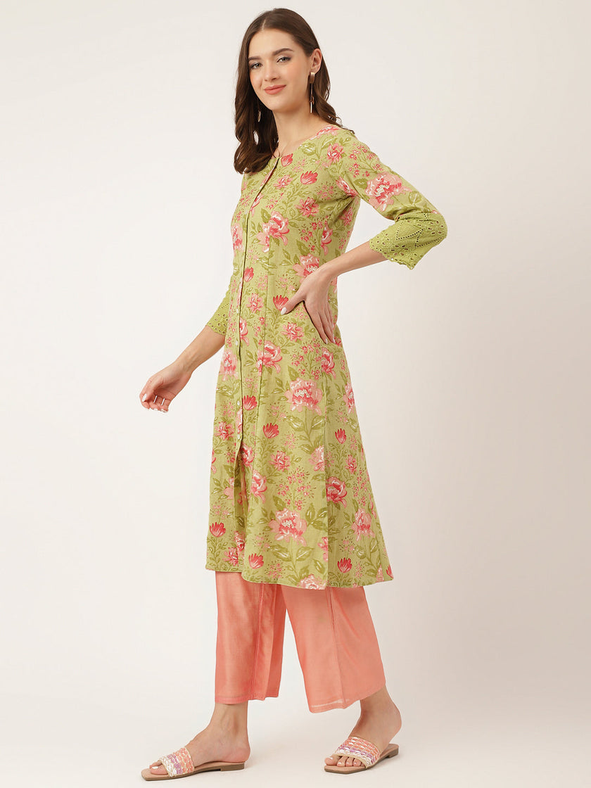 Divena Green Floral Print Cotton A-Line Kurta