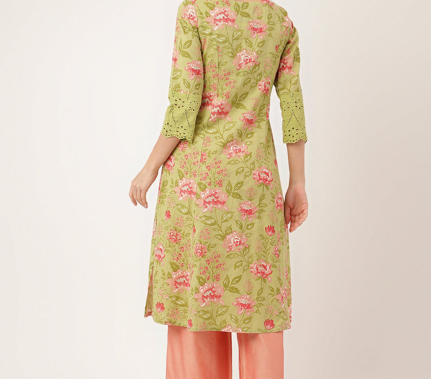 Divena Green Floral Print Cotton A-Line Kurta