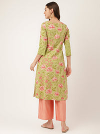 Divena Green Floral Print Cotton A-Line Kurta