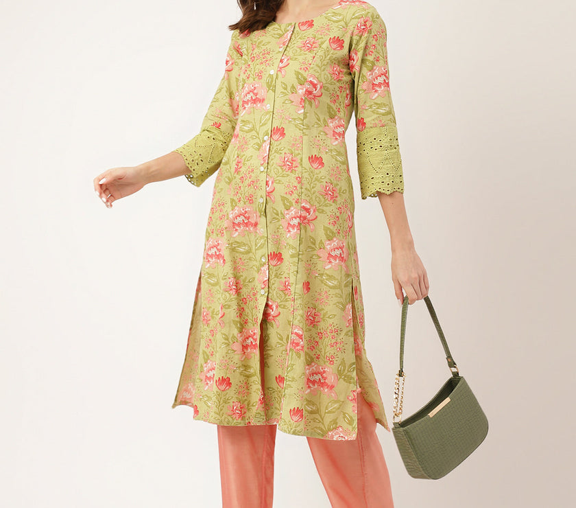 Divena Green Floral Print Cotton A-Line Kurta