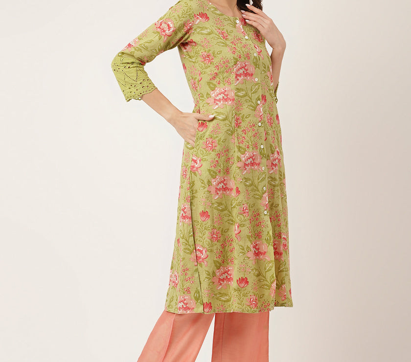 Divena Green Floral Print Cotton A-Line Kurta