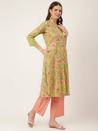 Divena Green Floral Print Cotton A-Line Kurta