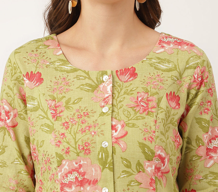 Divena Green Floral Print Cotton A-Line Kurta