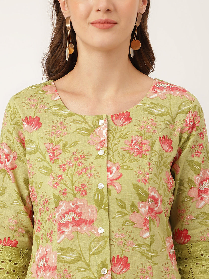 Divena Green Floral Print Cotton A-Line Kurta