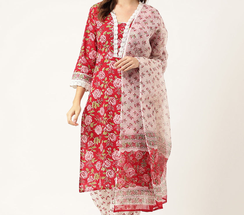 Divena Floral HandBlock Printed Kurta Trouser & Kota Dori Dupatta Set