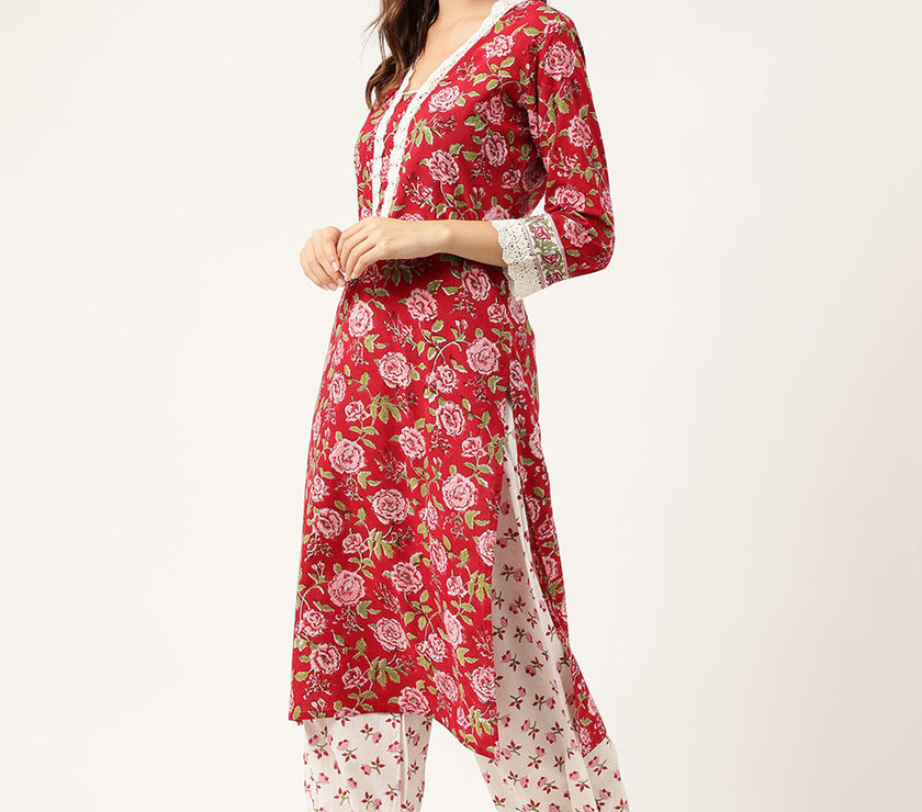 Divena Floral HandBlock Printed Kurta Trouser & Kota Dori Dupatta Set