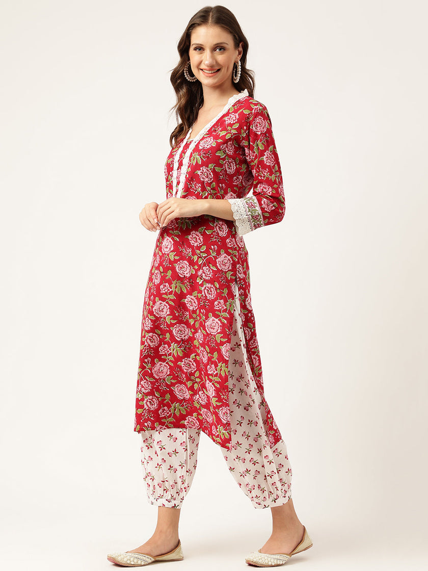 Divena Floral HandBlock Printed Kurta Trouser & Kota Dori Dupatta Set