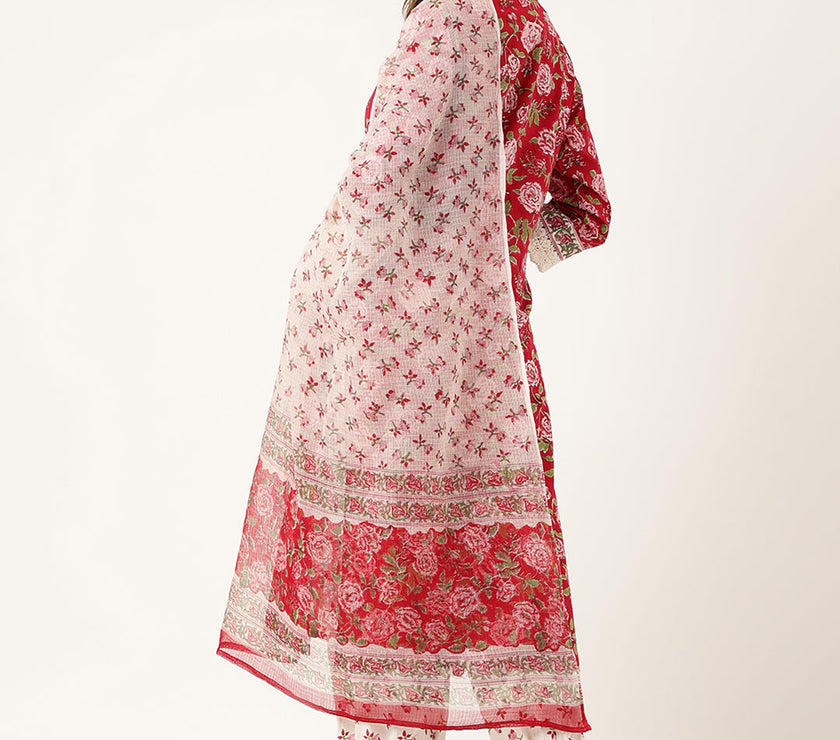 Divena Floral HandBlock Printed Kurta Trouser & Kota Dori Dupatta Set