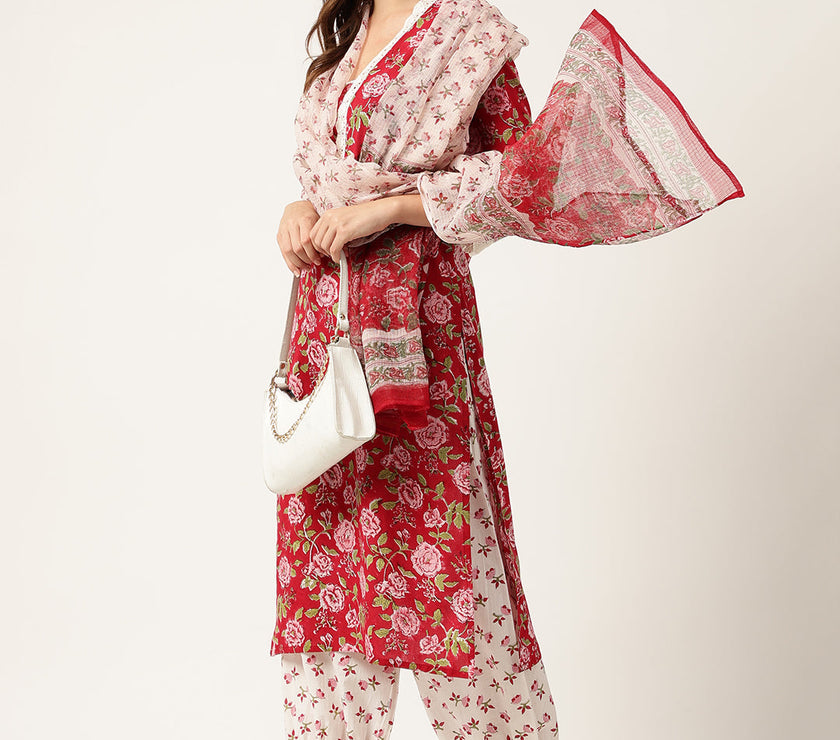 Divena Floral HandBlock Printed Kurta Trouser & Kota Dori Dupatta Set