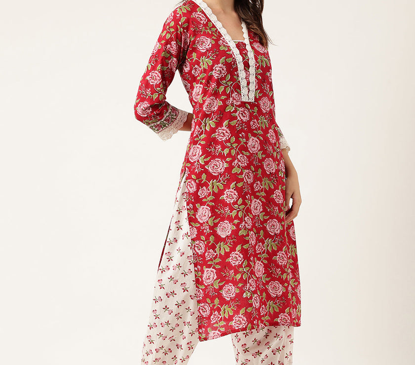 Divena Floral HandBlock Printed Kurta Trouser & Kota Dori Dupatta Set