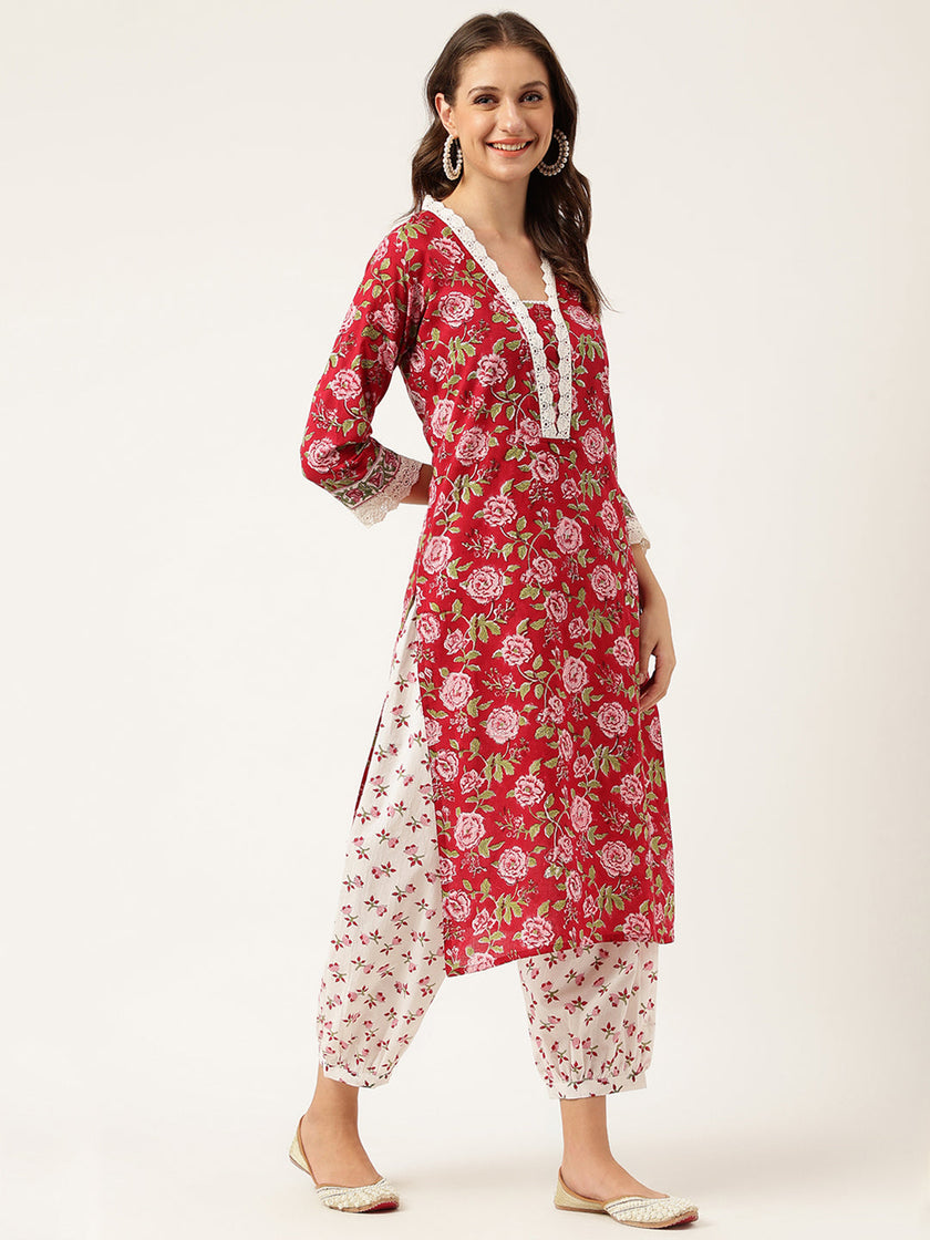 Divena Floral HandBlock Printed Kurta Trouser & Kota Dori Dupatta Set