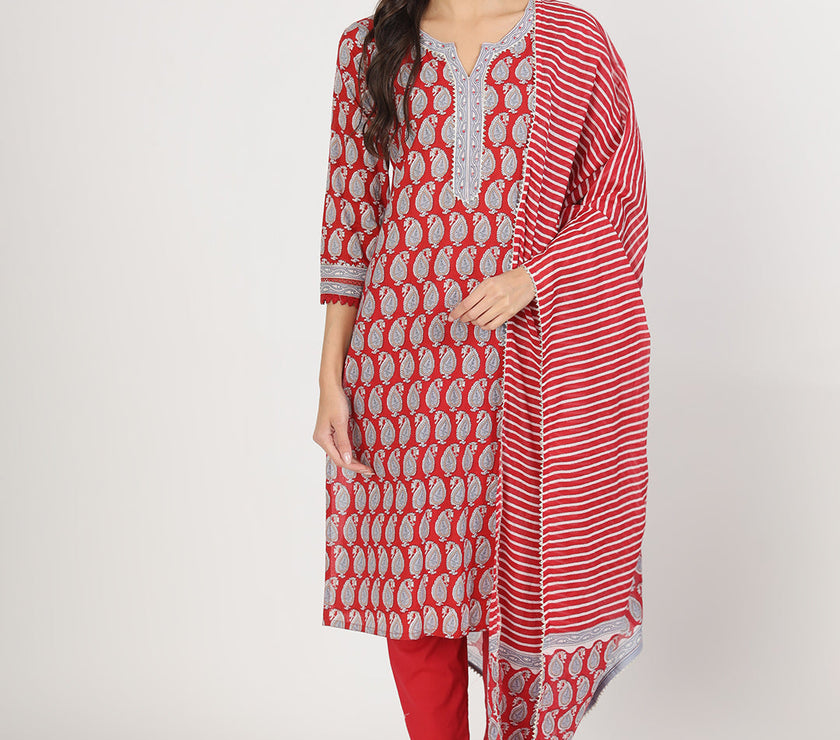 Divena Maroon Paisley Print Cotton Kurta pants with Dupatta set