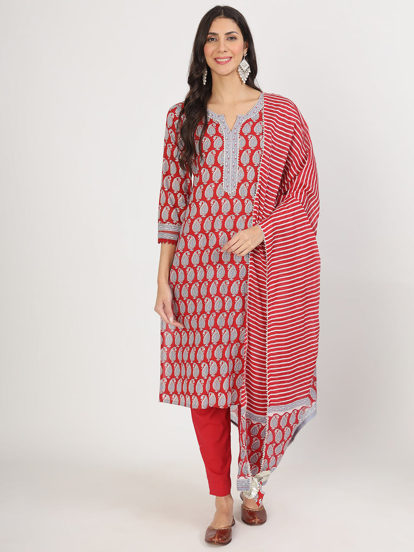 Divena Maroon Paisley Print Cotton Kurta pants with Dupatta set