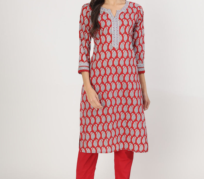 Divena Maroon Paisley Print Cotton Kurta pants with Dupatta set