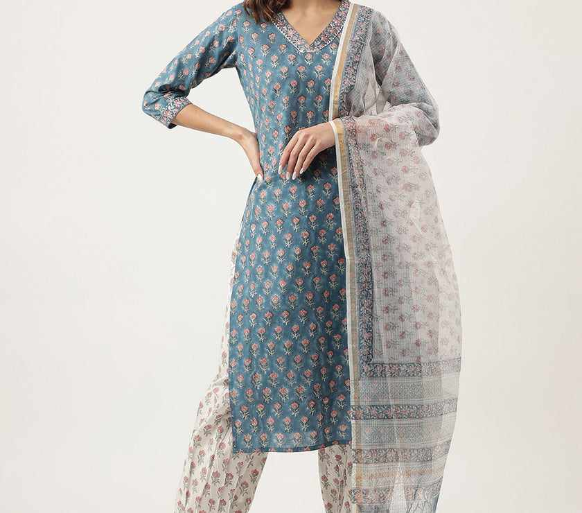 Divena Blue Floral Printed Cotton Embroidered kurta, Trouser with Dupatta