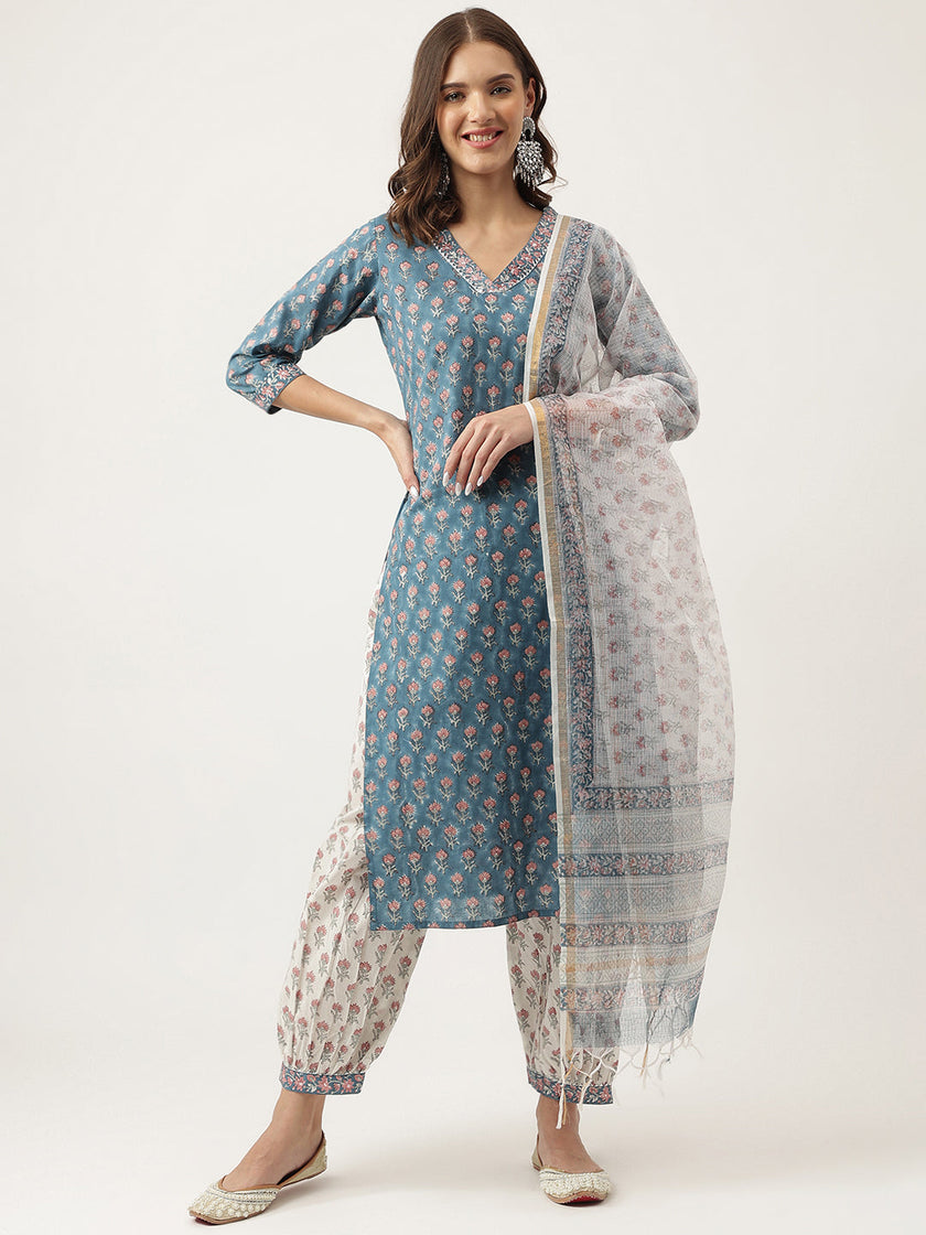 Divena Blue Floral Printed Cotton Embroidered kurta, Trouser with Dupatta