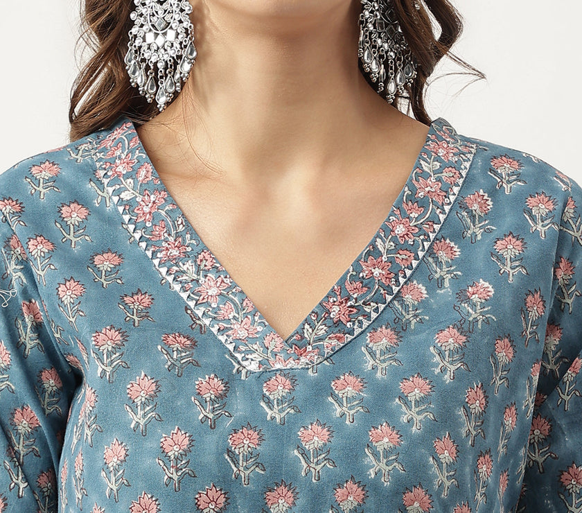 Divena Blue Floral Printed Cotton Embroidered kurta, Trouser with Dupatta