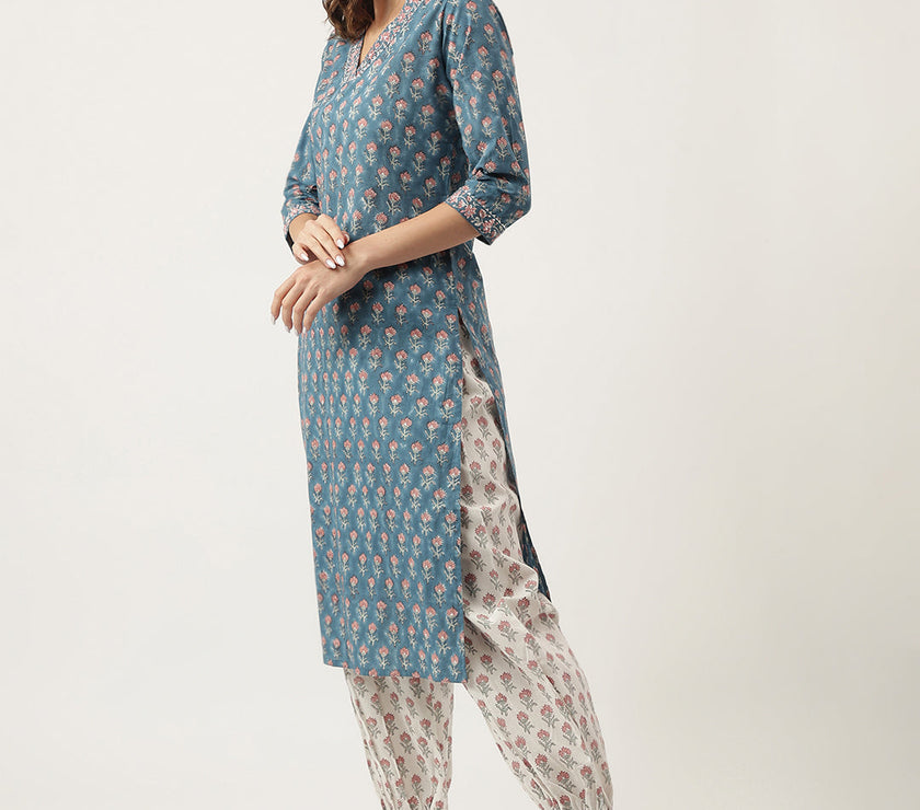 Divena Blue Floral Printed Cotton Embroidered kurta, Trouser with Dupatta