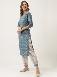 Divena Blue Floral Printed Cotton Embroidered kurta, Trouser with Dupatta