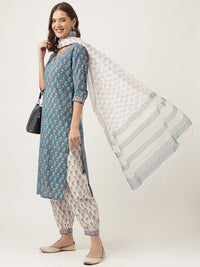 Divena Blue Floral Printed Cotton Embroidered kurta, Trouser with Dupatta