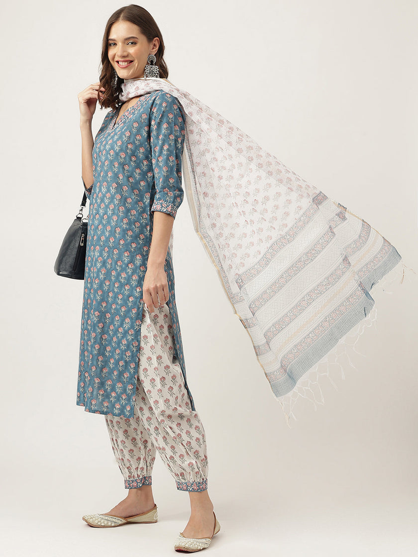 Divena Blue Floral Printed Cotton Embroidered kurta, Trouser with Dupatta