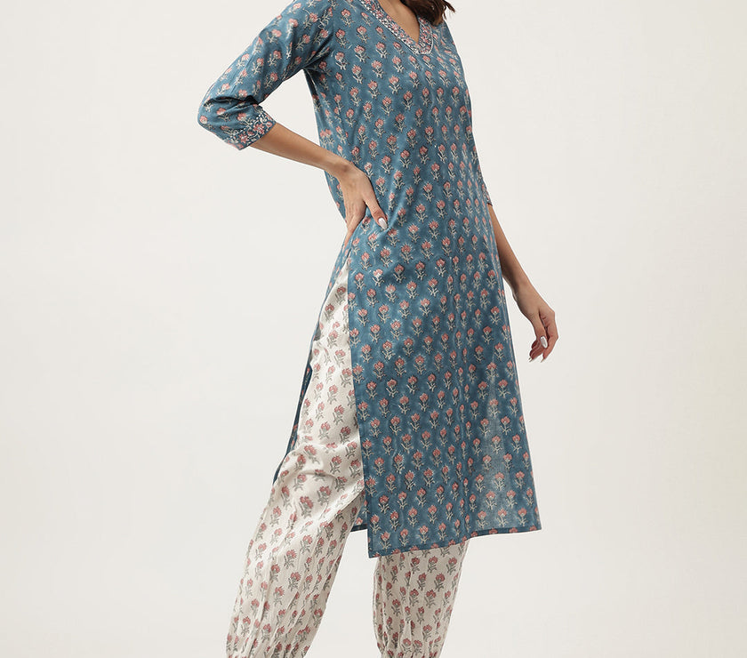 Divena Blue Floral Printed Cotton Embroidered kurta, Trouser with Dupatta